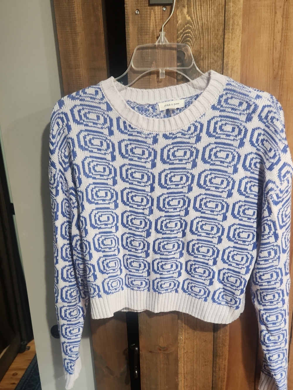 Polly & Jane White and Blue Geometric Crewneck Sweater